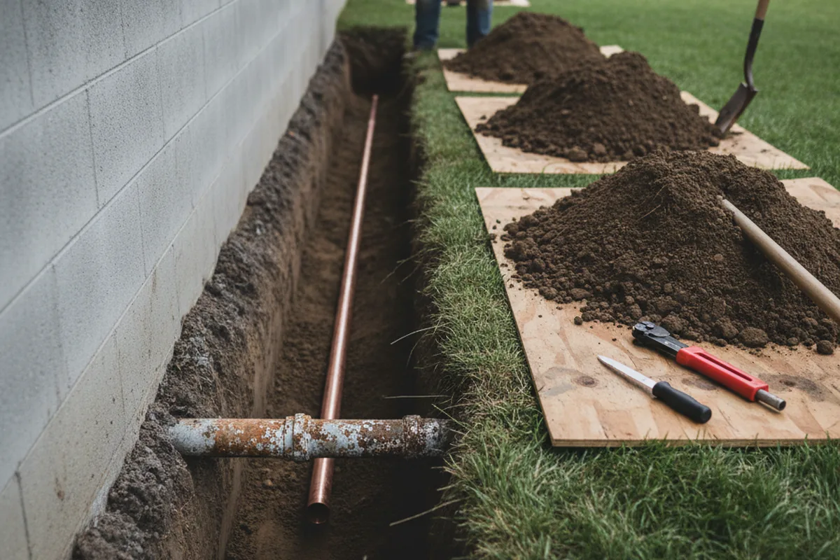 Excavated water line trench during Water Softener Installation in Colleyville